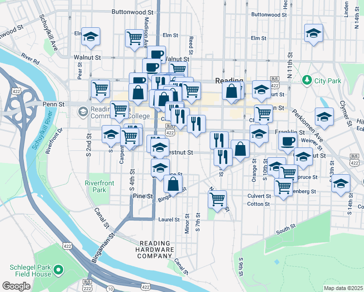 map of restaurants, bars, coffee shops, grocery stores, and more near 135 South 6th Street in Reading