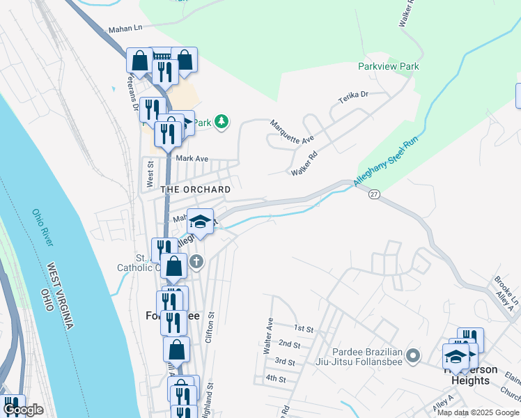 map of restaurants, bars, coffee shops, grocery stores, and more near 1129 Neville Street in Follansbee
