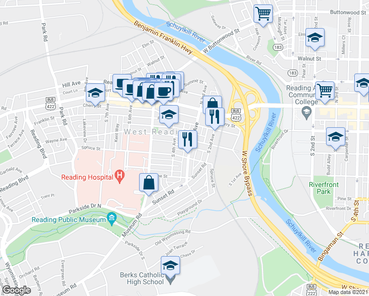 map of restaurants, bars, coffee shops, grocery stores, and more near 310 Kline Street in West Reading