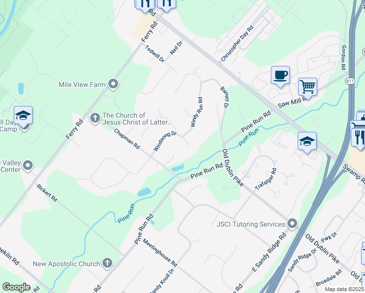 map of restaurants, bars, coffee shops, grocery stores, and more near 114 Windsong Drive in Doylestown