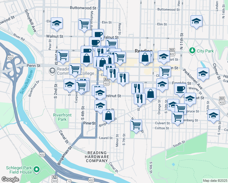 map of restaurants, bars, coffee shops, grocery stores, and more near in Reading