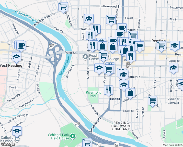 map of restaurants, bars, coffee shops, grocery stores, and more near 208 Chestnut Street in Reading