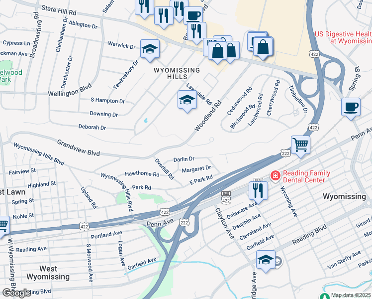 map of restaurants, bars, coffee shops, grocery stores, and more near 2 Edgedale Court in Reading