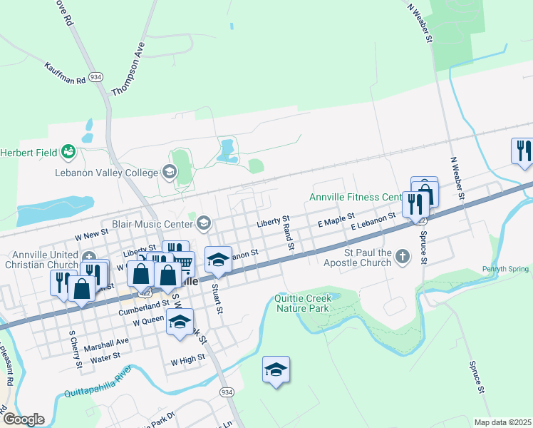 map of restaurants, bars, coffee shops, grocery stores, and more near 125 North Ulrich Street in Annville