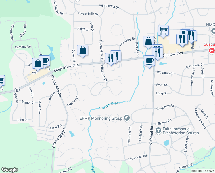 map of restaurants, bars, coffee shops, grocery stores, and more near 102 Ringneck Drive in Harrisburg