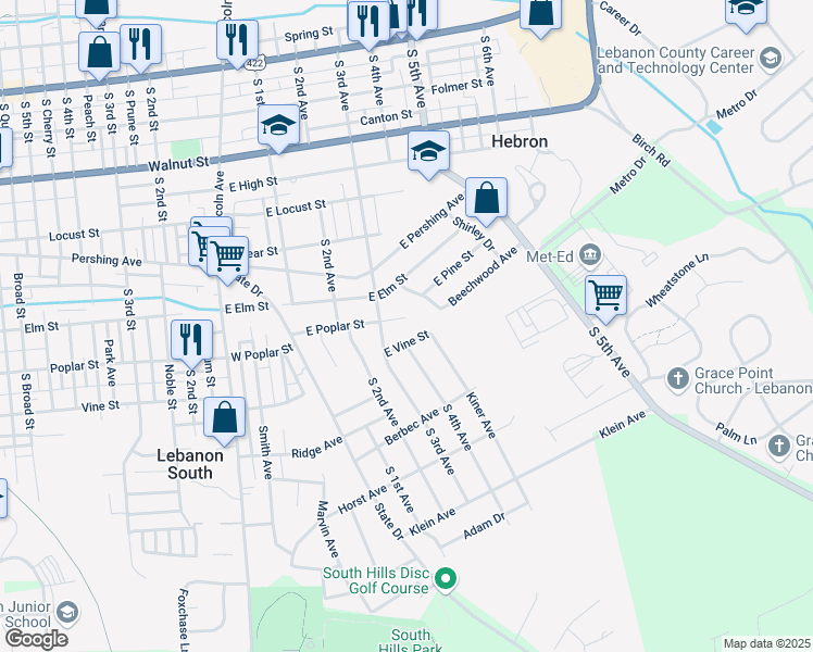 map of restaurants, bars, coffee shops, grocery stores, and more near 312 East Poplar Street in Lebanon