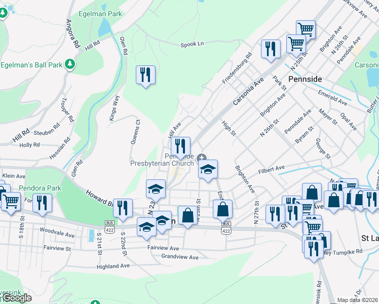 map of restaurants, bars, coffee shops, grocery stores, and more near 237 Oak Terrace in Mount Penn