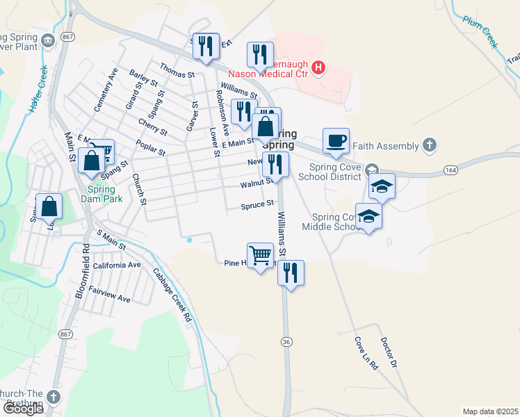 map of restaurants, bars, coffee shops, grocery stores, and more near 400-470 Williams Street in Roaring Spring
