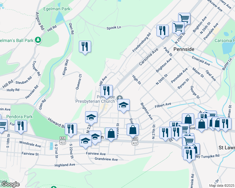 map of restaurants, bars, coffee shops, grocery stores, and more near 306 North 25th Street in Reading