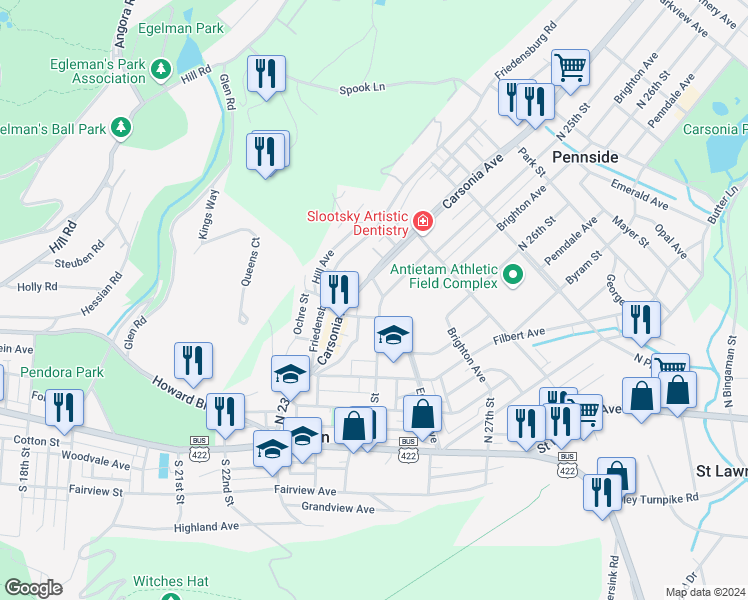 map of restaurants, bars, coffee shops, grocery stores, and more near 306 North 25th Street in Reading