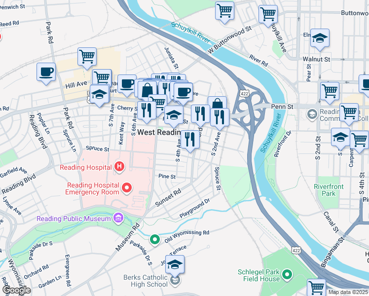 map of restaurants, bars, coffee shops, grocery stores, and more near 328 Kline Street in West Reading