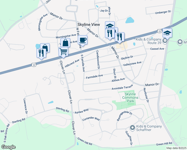 map of restaurants, bars, coffee shops, grocery stores, and more near 7710 Farmdale Avenue in Harrisburg