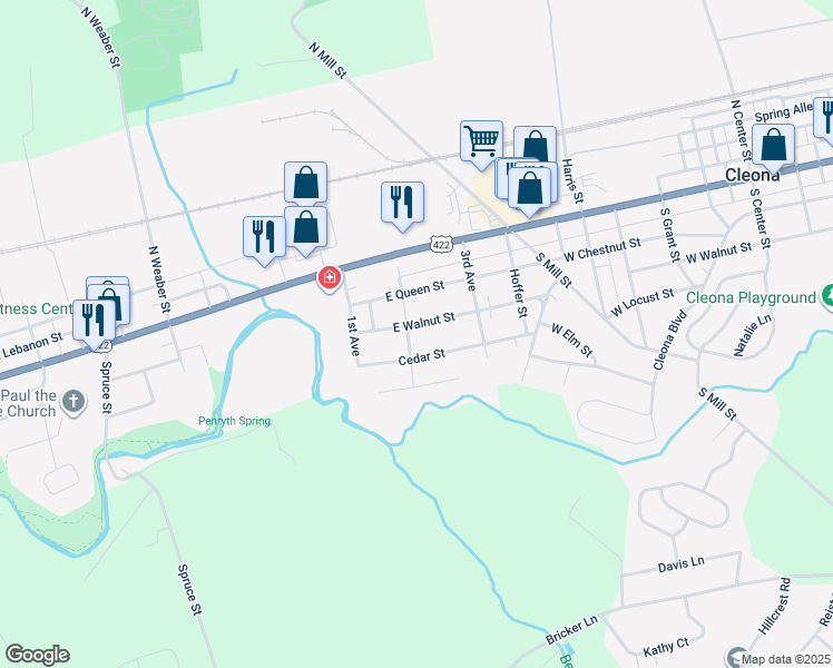 map of restaurants, bars, coffee shops, grocery stores, and more near 1404 East Walnut Street in Annville