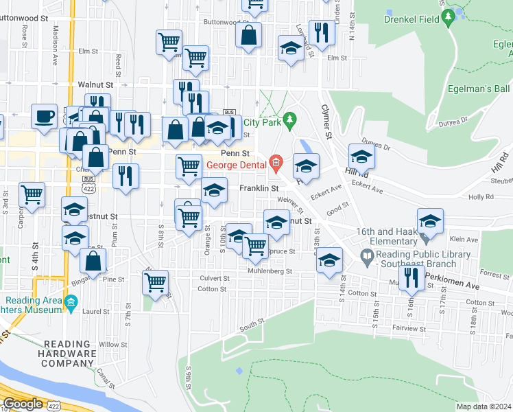 map of restaurants, bars, coffee shops, grocery stores, and more near 131 South 11th Street in Reading