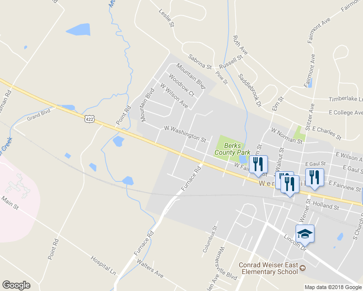 map of restaurants, bars, coffee shops, grocery stores, and more near 18 North Pearl Street in Wernersville