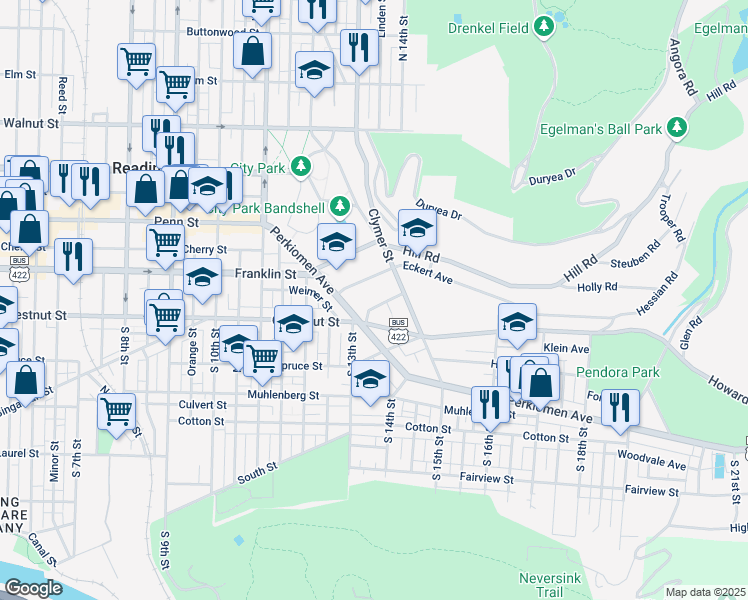 map of restaurants, bars, coffee shops, grocery stores, and more near 1315 Good Street in Reading