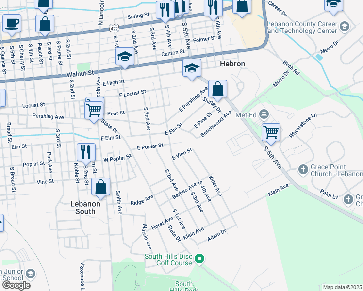 map of restaurants, bars, coffee shops, grocery stores, and more near 312 East Poplar Street in Lebanon