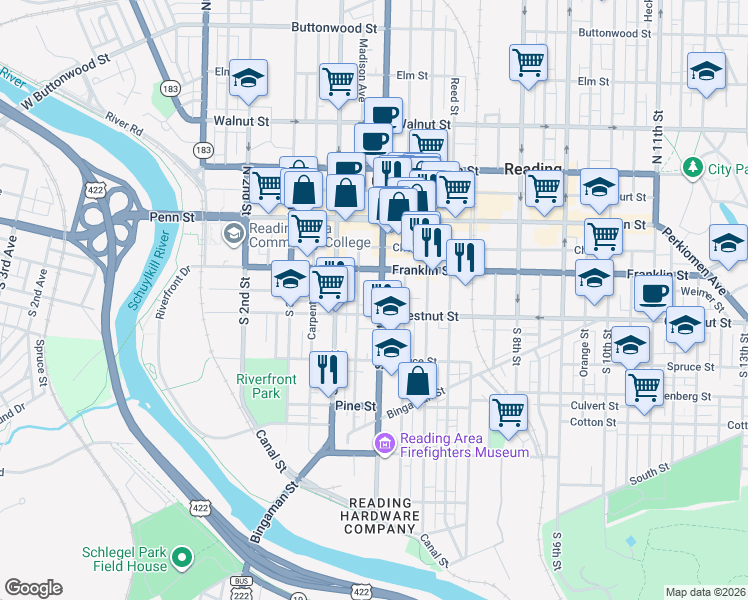 map of restaurants, bars, coffee shops, grocery stores, and more near 200 South 5th Street in Reading