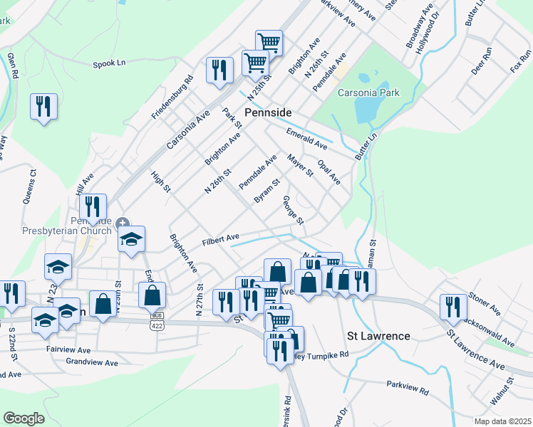 map of restaurants, bars, coffee shops, grocery stores, and more near 602 Lenox Avenue in Reading