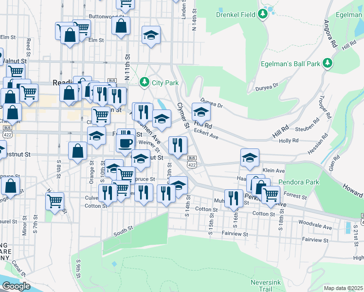 map of restaurants, bars, coffee shops, grocery stores, and more near 1265 Perkiomen Avenue in Reading