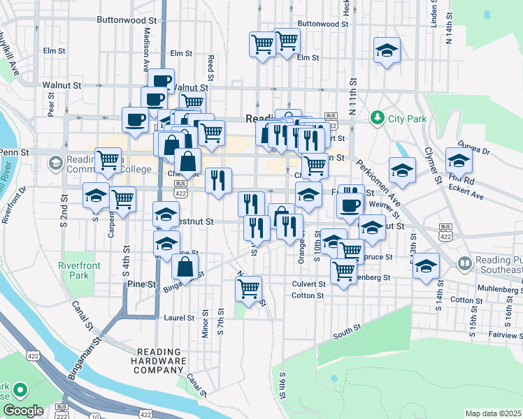 map of restaurants, bars, coffee shops, grocery stores, and more near 828 Chestnut Street in Reading