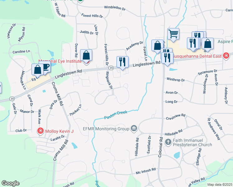 map of restaurants, bars, coffee shops, grocery stores, and more near 102 Ringneck Drive in Harrisburg