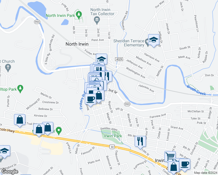 map of restaurants, bars, coffee shops, grocery stores, and more near 320 3rd Street in Irwin