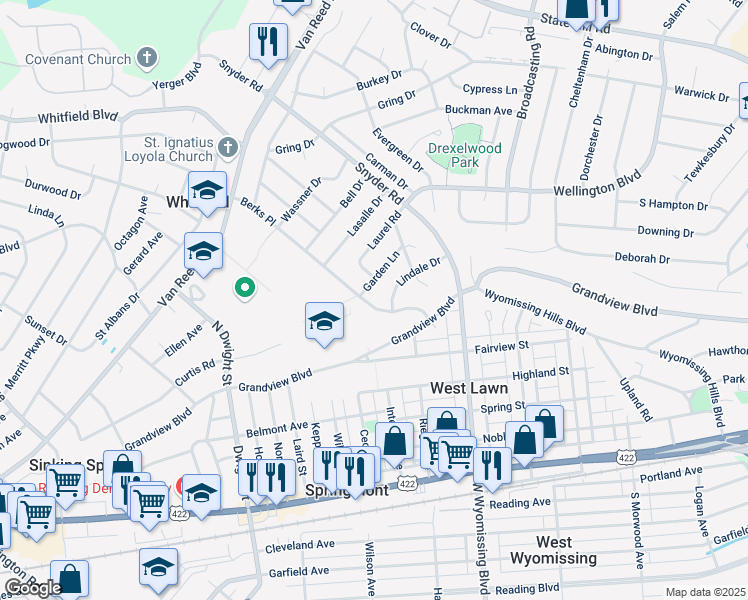 map of restaurants, bars, coffee shops, grocery stores, and more near 514 Berks Place in West Lawn