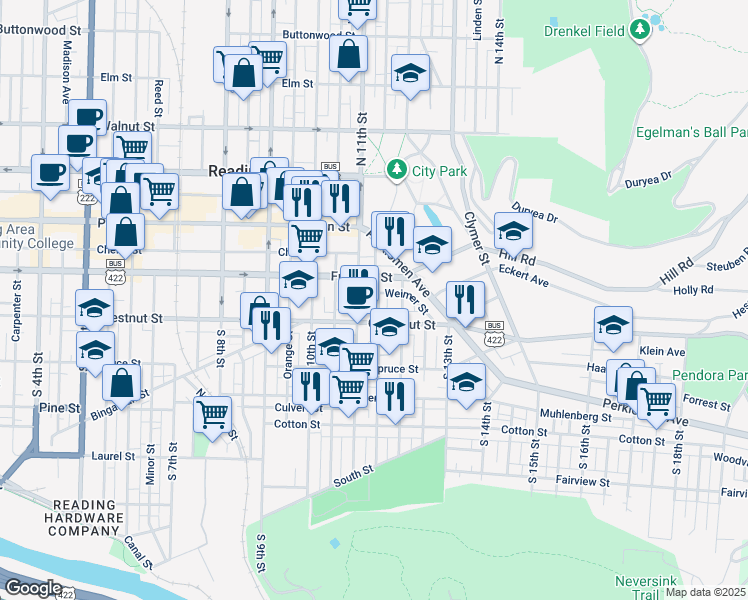 map of restaurants, bars, coffee shops, grocery stores, and more near 124 Wunder Street in Reading