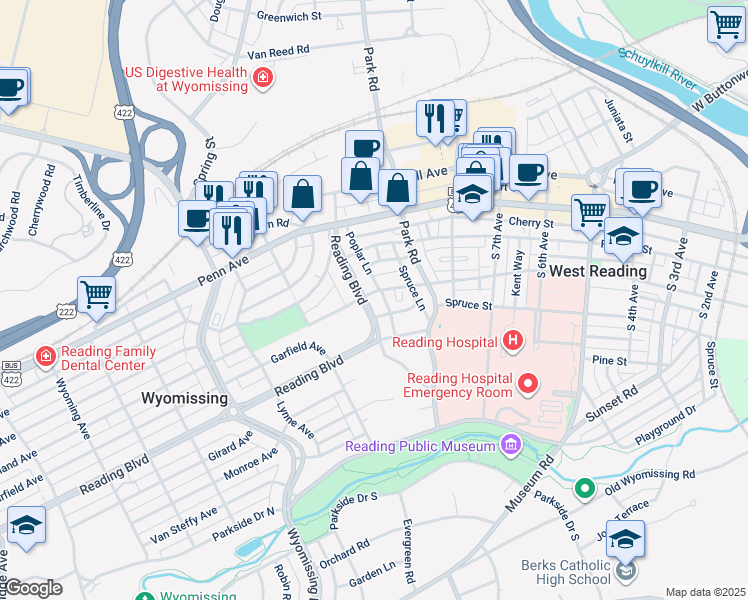 map of restaurants, bars, coffee shops, grocery stores, and more near 960 Wayne Avenue in Wyomissing