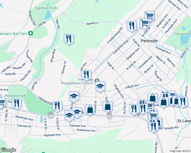 map of restaurants, bars, coffee shops, grocery stores, and more near 237 Oak Terrace in Mount Penn