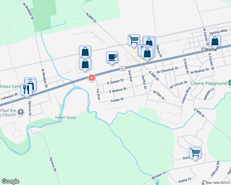map of restaurants, bars, coffee shops, grocery stores, and more near 1404 East Walnut Street in Annville