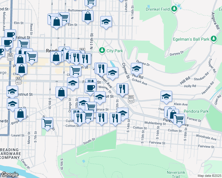 map of restaurants, bars, coffee shops, grocery stores, and more near 1229 Chestnut Street in Reading