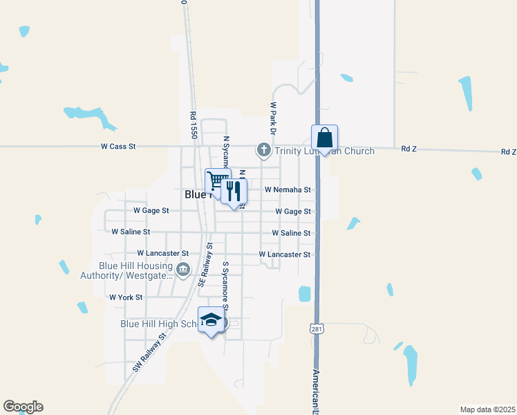 map of restaurants, bars, coffee shops, grocery stores, and more near 453 West Nemaha Street in Blue Hill