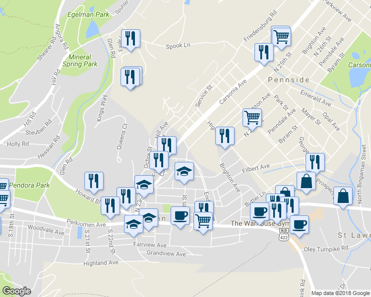 map of restaurants, bars, coffee shops, grocery stores, and more near 314 North 25th Street in Mount Penn