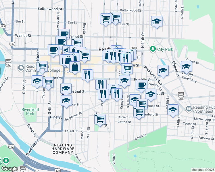 map of restaurants, bars, coffee shops, grocery stores, and more near 826 Franklin Street in Reading