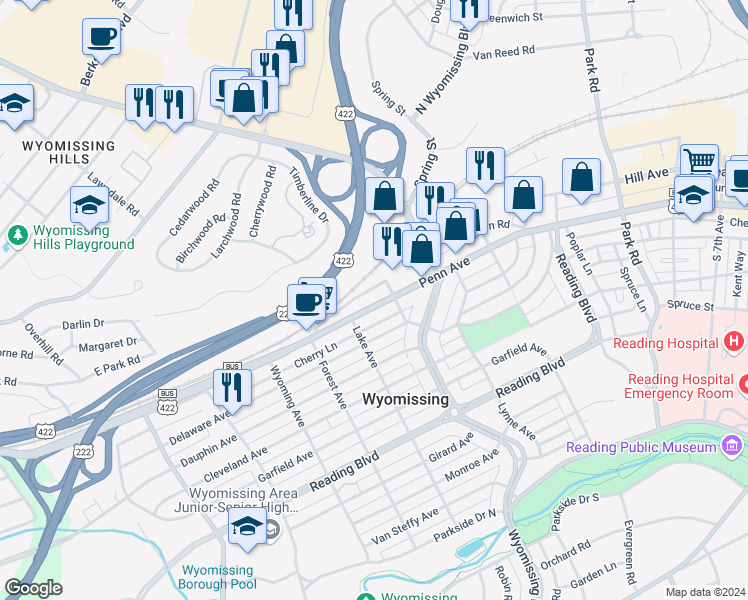 map of restaurants, bars, coffee shops, grocery stores, and more near 1273 Penn Avenue in Wyomissing
