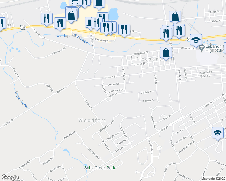 map of restaurants, bars, coffee shops, grocery stores, and more near Greystone Drive in Lebanon