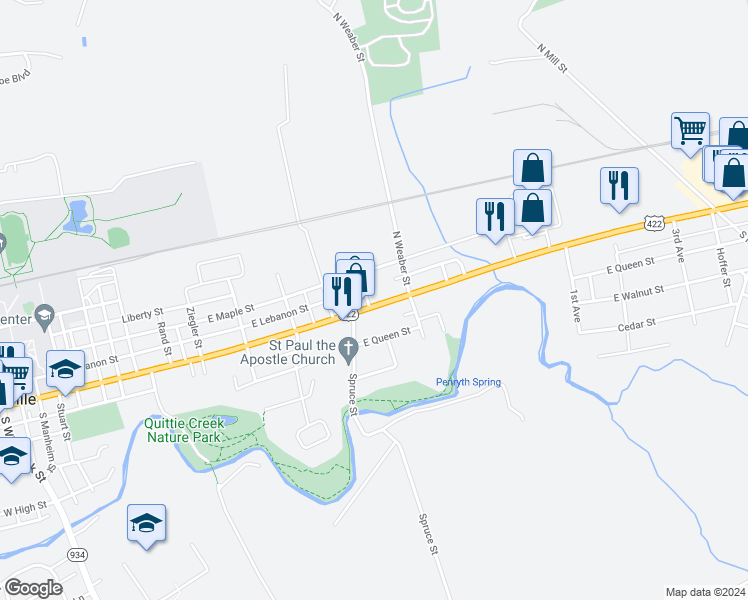 map of restaurants, bars, coffee shops, grocery stores, and more near 909 East Main Street in Annville