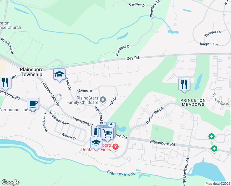 map of restaurants, bars, coffee shops, grocery stores, and more near 117 Marion Drive in Princeton Meadows