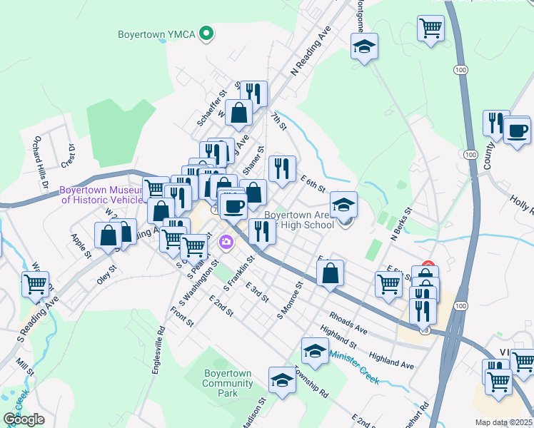 map of restaurants, bars, coffee shops, grocery stores, and more near 114 North Washington Street in Boyertown