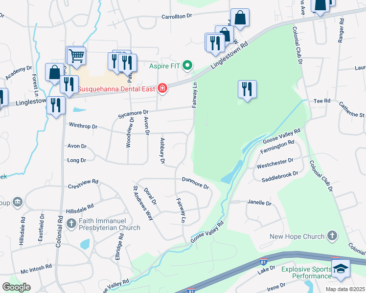 map of restaurants, bars, coffee shops, grocery stores, and more near 2096 Fairway Lane in Harrisburg