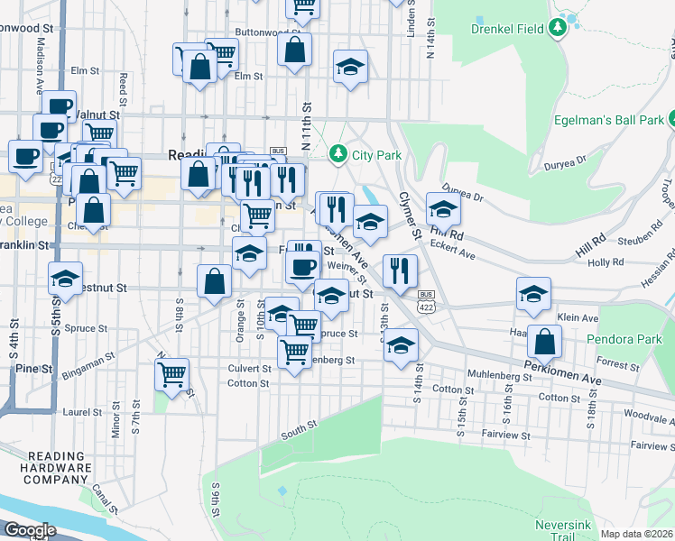 map of restaurants, bars, coffee shops, grocery stores, and more near 1135 Franklin Street in Reading