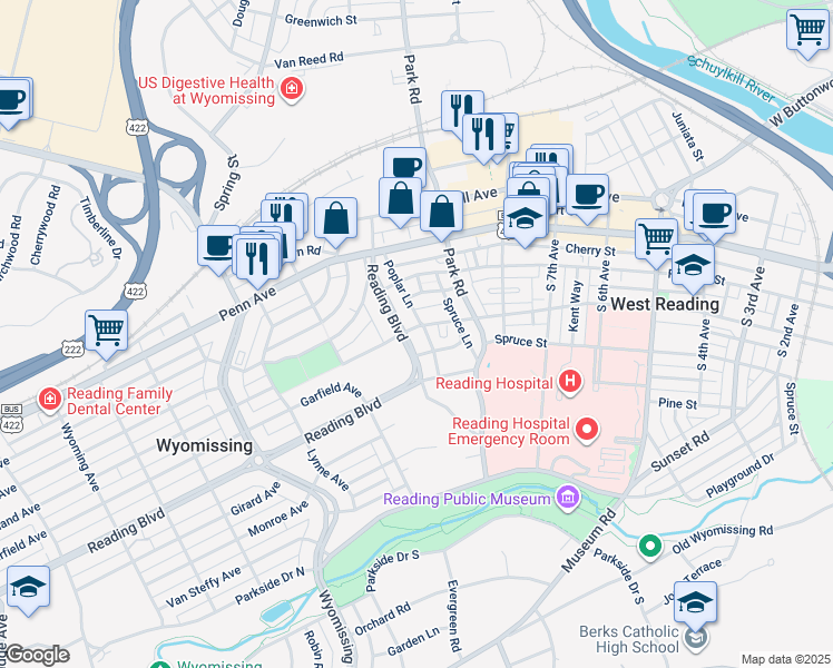map of restaurants, bars, coffee shops, grocery stores, and more near 960 Wayne Avenue in Wyomissing