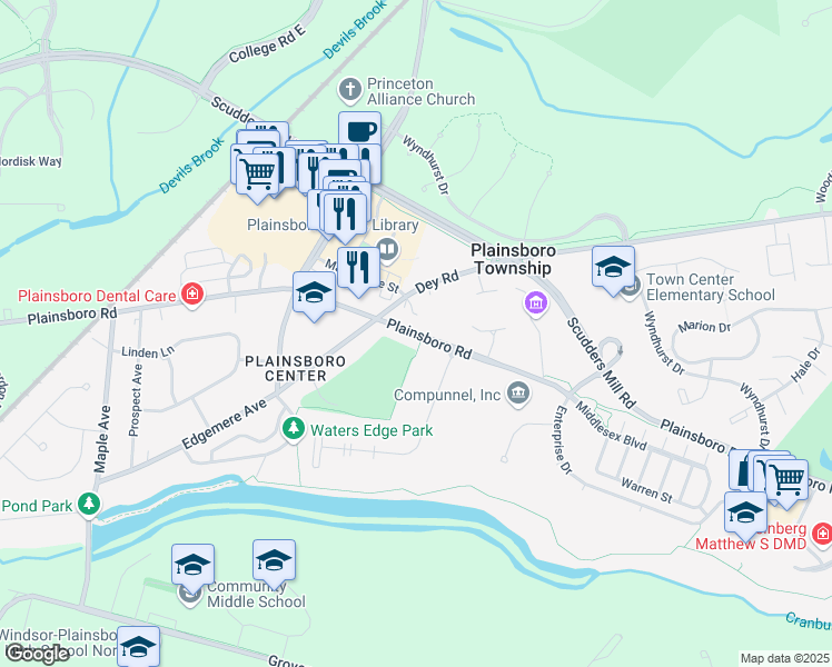 map of restaurants, bars, coffee shops, grocery stores, and more near Plainsboro Road in Plainsboro Center