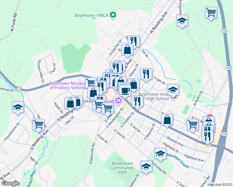 map of restaurants, bars, coffee shops, grocery stores, and more near 28 East 4th Street in Boyertown