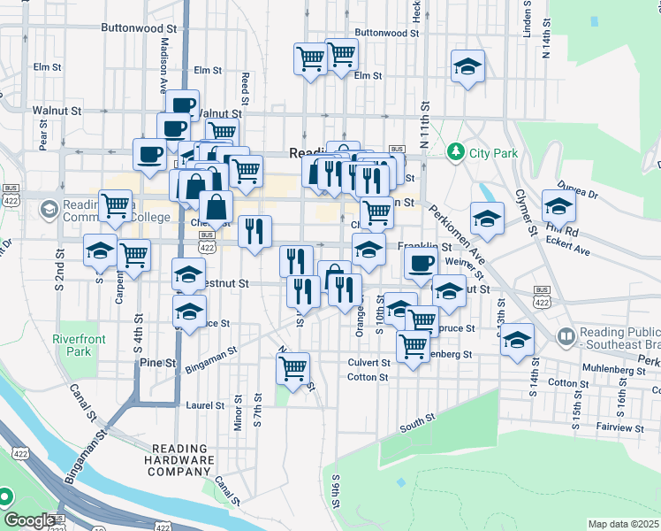 map of restaurants, bars, coffee shops, grocery stores, and more near 124 South 9th Street in Reading