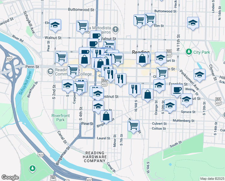 map of restaurants, bars, coffee shops, grocery stores, and more near 610 Franklin Street in Reading