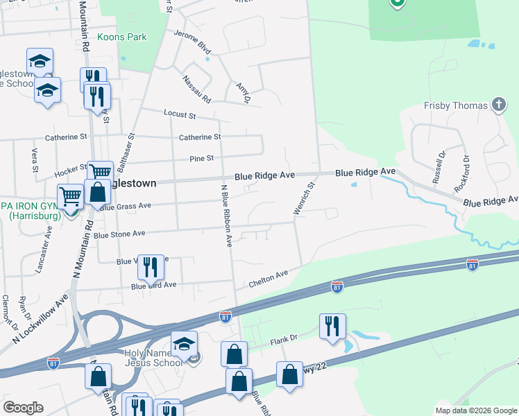 map of restaurants, bars, coffee shops, grocery stores, and more near 6334 Blue Flag Avenue in Harrisburg