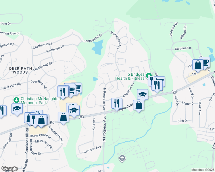 map of restaurants, bars, coffee shops, grocery stores, and more near 4500 Hillside Court in Harrisburg